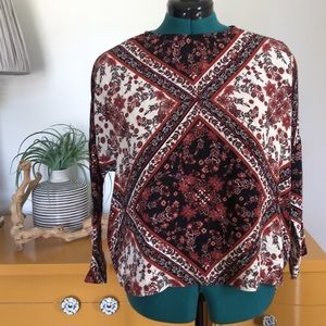 Zara Woman Orange, White, & Black Floral Print Long Sleeve Blouse
